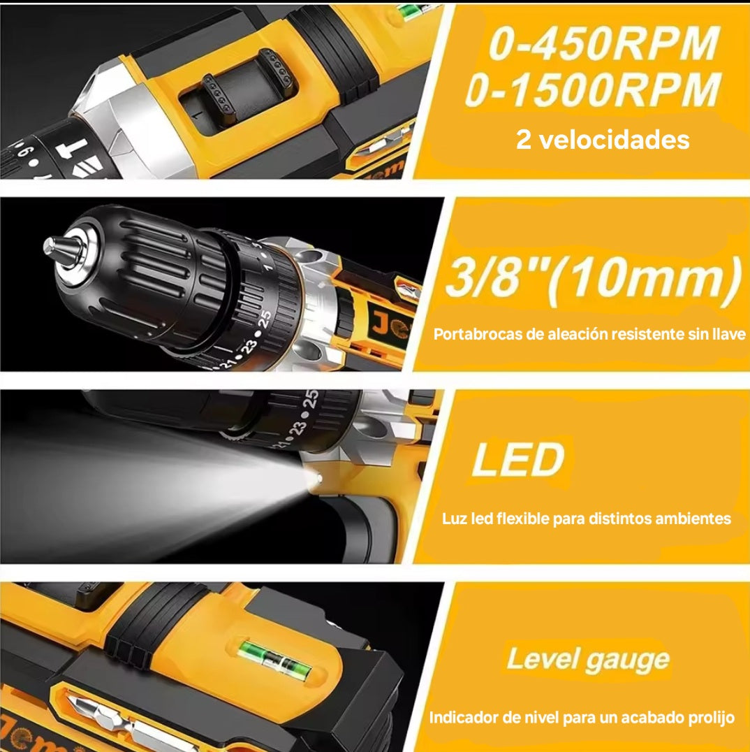 Taladro inalámbrico +2 Baterías Litio 98V + 22 Accesorios